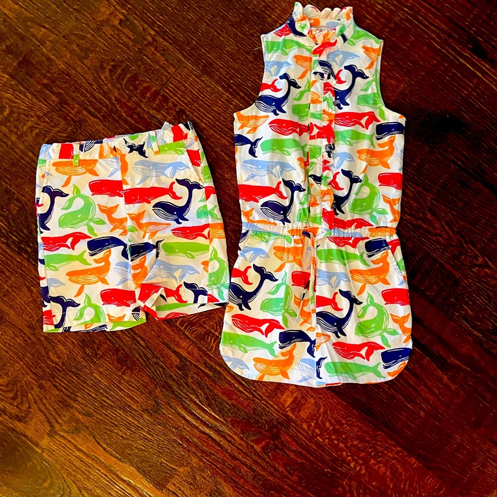 Classic Prep Whale print girls romper & matching boys shorts